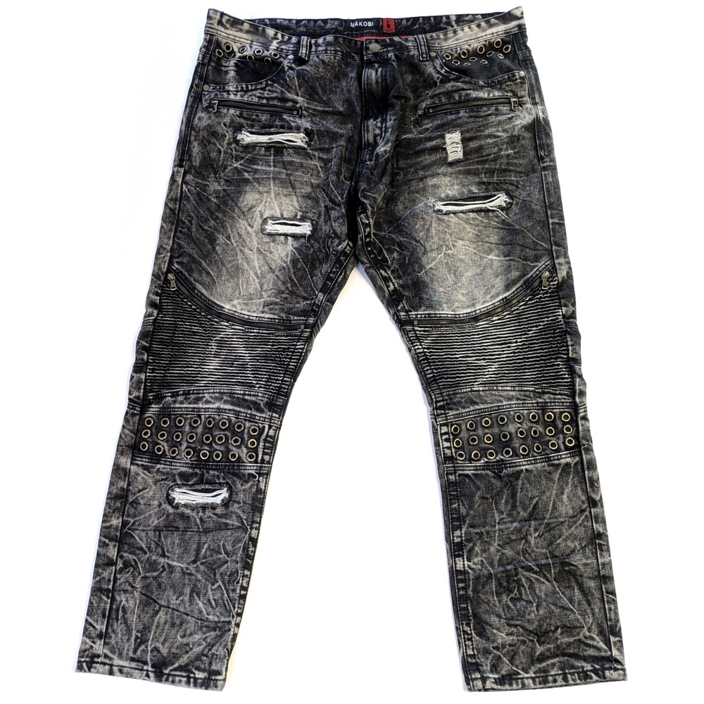 Makobi Mens M1747 Black Acid Wash Biker Moto Distressed Grommet Jeans 44x32
